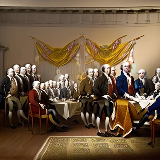 Prompt: dogs standing around and signing the declaration of independence, art by cassius marcellus coolidge and jacque - louis david, intricate detail, cinematic, 8 k, cel shaded, unreal engine, featured on artstation, pixiv