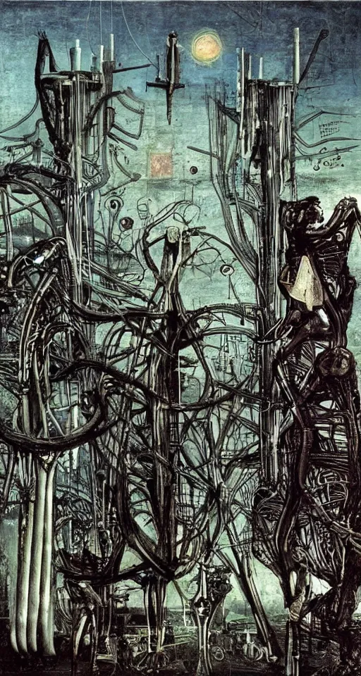 Image similar to solarpunk human technologies by david caspar friedrich, hr giger, Jean-Michel Basquiat