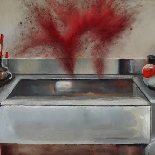 Prompt: oil painting still of kitchen sink full of dirty dishes with red smoke coming out, angry man, high detail