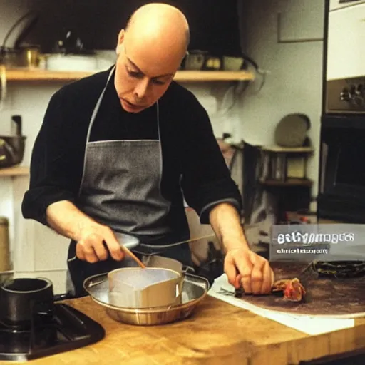 Image similar to brian eno cooking in the studio, high quality press photo,