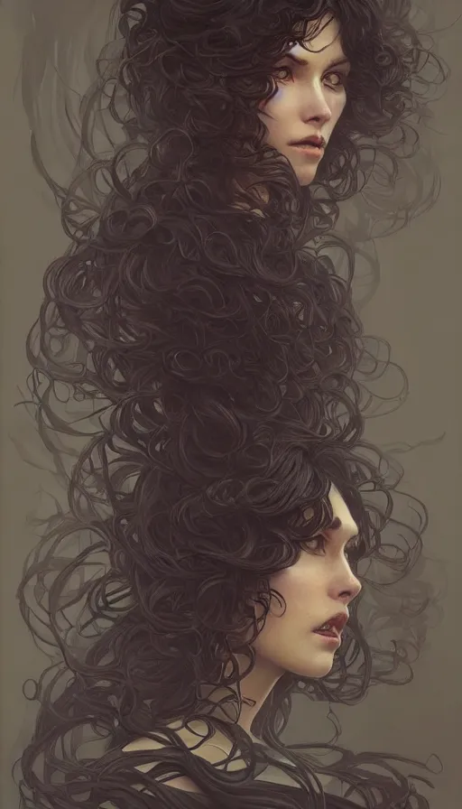 Image similar to beautiful cottagecore female model, symetrical face, black curly Hair, dark forest, intricate, elegant, highly detailed, digital painting, artstation, concept art, smooth, sharp, focus, illustration, art by artgerm and greg rutkowski and alphonse mucha