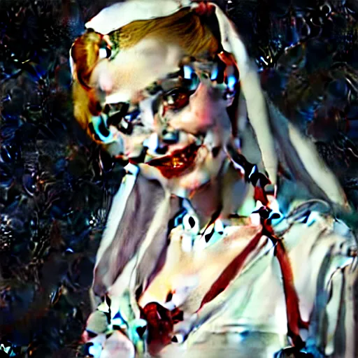 Prompt: Masterpiece Portrait Harley Quinn as a nun, dark fantasy, medium shot, intricate, elegant, highly detailed, digital painting, volumetric light, artstation, concept art, smooth, sharp focus, illustration, art by Gil Elvgren and Greg Rutkowski and Alphonse Mucha