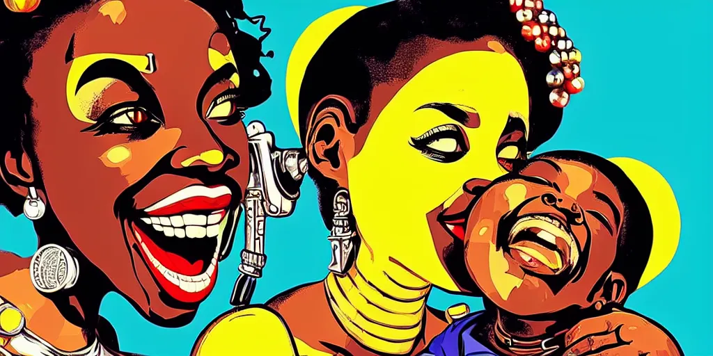 Image similar to mama africa laugh at her child!!! pop art, pixel, bioshock, gta chinatown, artgerm, richard hamilton, mimmo rottela, julian opie, aya takano, intricate, sharp focus, concept art, smooth, focus on details