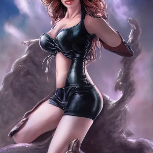 Image similar to Kaitlyn Michelle Siragusa, better known as Amouranth, full body portrait, by Kevin Kev Walker, by Greg Staples, by Christopher Moeller, by Ron Spencer, by Daarken, by Carl Critchlow