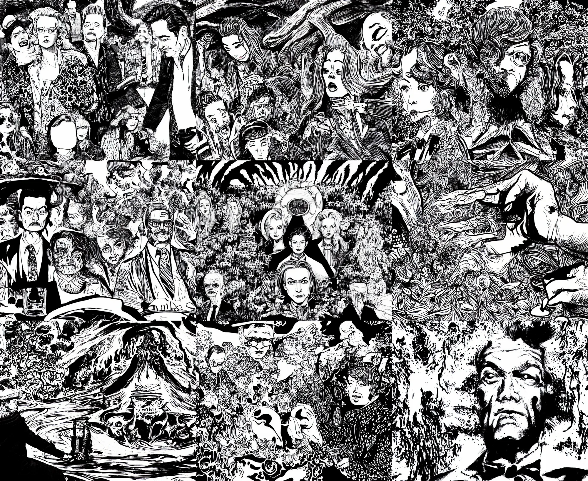 Prompt: highly detailed ink still screenshot of the show twin peaks, b & w clean shaped illustration by kim jung gi, ron english and eiichiro oda