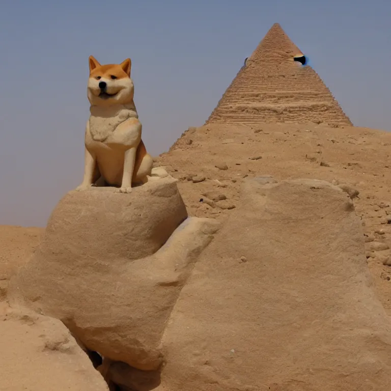 Prompt: a shiba-inu stone sphinx in the egyptian desert