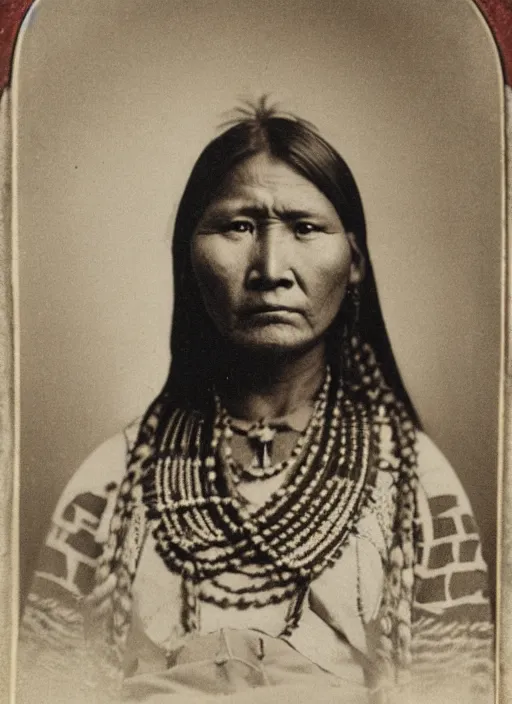 Prompt: Antique portrait of a Navajo woman in traditional clothes, sharp focus, albumen silver print by Timothy H. O'Sullivan.