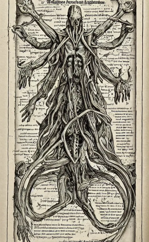 Image similar to hyper detailed antique occult instructions, eldritch, anatomy, pagan god