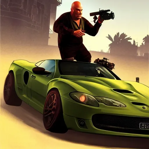 Image similar to zin din zidane plays gta with shrek on vr as trevor philips riding a super car, highly detailed, digital painting, artstation, concept art, sharp focus, illustration, art by greg rutkowski and alphonse mucha