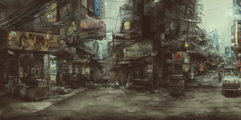 Prompt: incredible screenshot, simple watercolor, soft bloom lighting, paper texture, movie scene, deserted shinjuku junk town, old pawn shop, bright sun bleached ground , robot monster lurks in the background, cyberpunk, animatronic, black smoke, pale beige sky, junk tv, texture, strange, impossible, fur, spines, mouth, pipe brain, shell, brown mud, dust, overhead wires, telephone pole, dusty, dry, pencil marks hd, 4k, remaster, dynamic camera angle, deep 3 point perspective, fish eye, dynamic scene