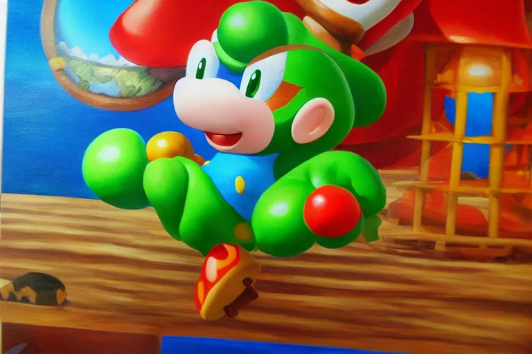 Image similar to painting wonderland marioworld yoshi kurbi dofus acrylic 3 d real