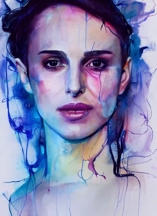 Prompt: nathalie portman full body by agnes cecile, pastel light colours, ink drips, autumn lights