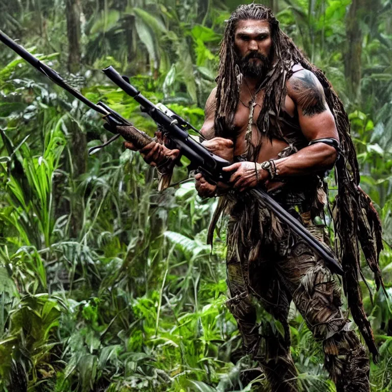 Image similar to jason mamoa in the movie predator with rifle in the jungle, photo - realism, realism, predator, jungle camo