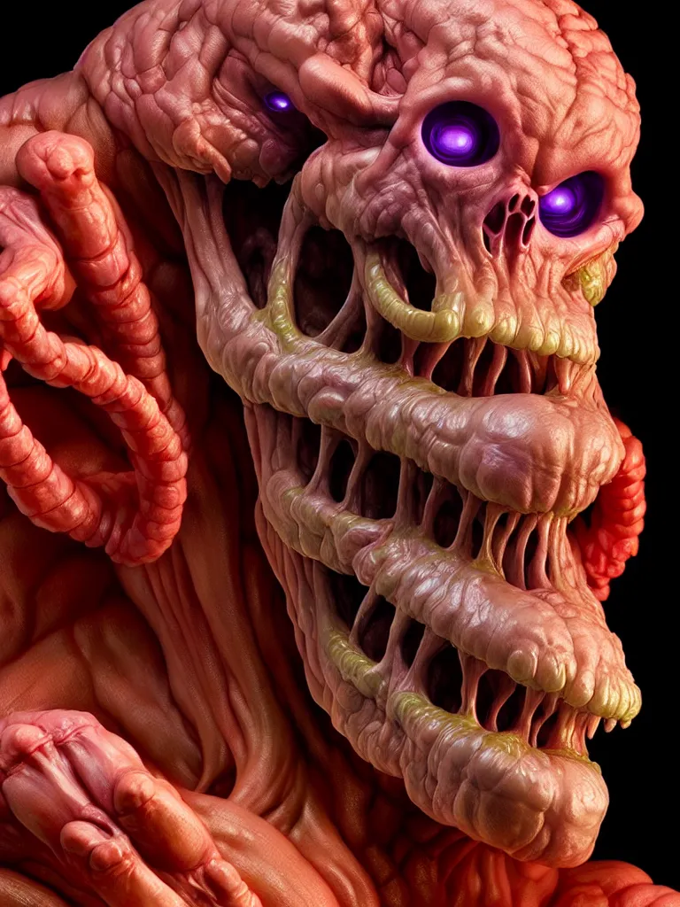 Image similar to hyperrealistic rendering, fat smooth cronenberg flesh monster skeletor by donato giancola and greg rutkowski and wayne barlow and zdzisław beksinski, product photography, action figure, sofubi, studio lighting, colored gels