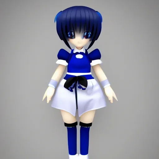 Prompt: cute fumo plush of a gothic maiden in a blue and black uniform, laces and ribbons, soft shadow, anime girl, vray, white frame