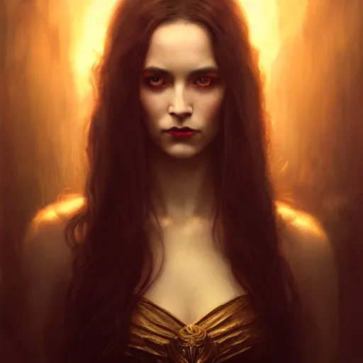 Image similar to majestic gracious regal aristocratic brunette female vampire portrait, atmospheric lighting, painted, menacing, intricate, volumetric lighting, beautiful, rich deep colours masterpiece, golden hour, sharp focus, ultra detailed, by leesha hannigan, ross tran, thierry doizon, kai carpenter, ignacio fernandez rios