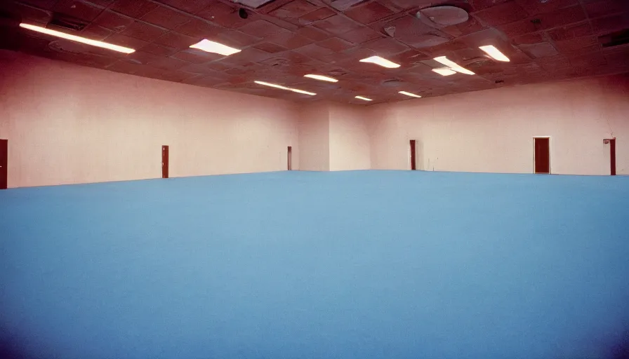 Image similar to 60s movie still of a sovietic stalinist style empty ballroom with blue beds, cinestill 800t 50mm eastmancolor, liminal Space style, heavy grain, flash-s 150