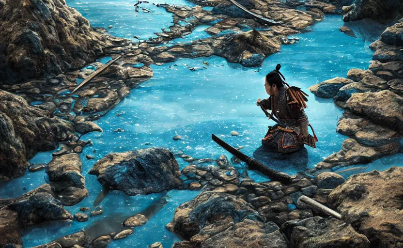 Image similar to highly detailed digital illustration of samurai kneeling in the blue puddle in old, ruined, japanese village from sengoku period, surrounded by the sea, with dark rocks, cinematic lighting, photobash, raytracing, volumetric lighting