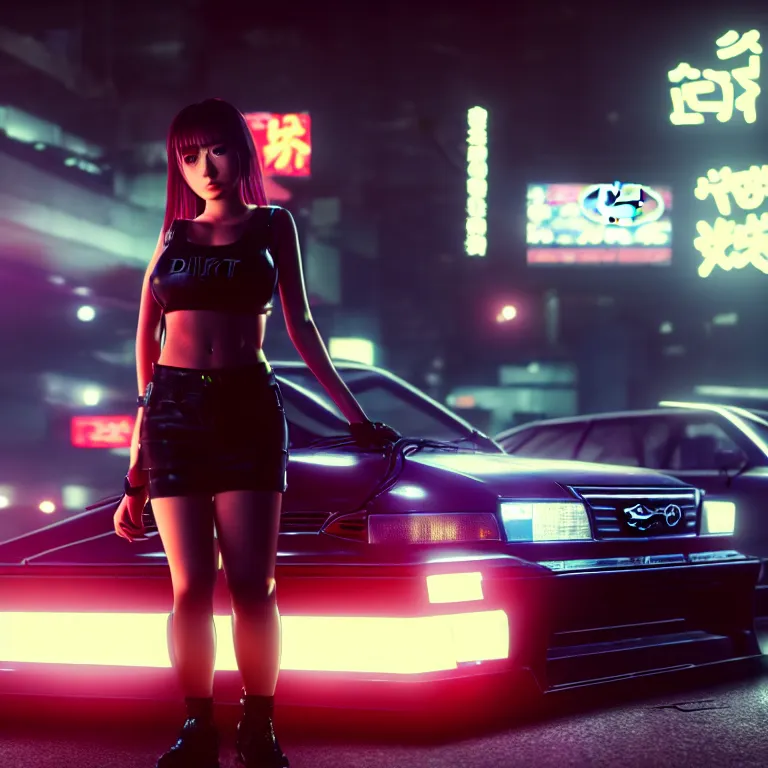 Image similar to toyota jzx 1 0 0 drift with cyberpunk girl standing, detailed - wheels, shibuya prefecture, cinematic lighting, photorealistic, night photography, octane render