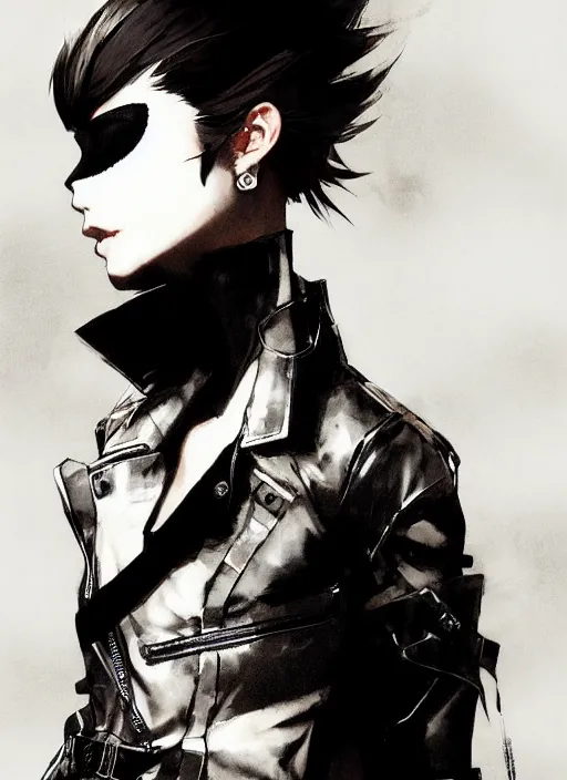 Image similar to Half body portrait of young woman with short hair, eyepatch, white shirt, ornate leather jacket. In style of Yoji Shinkawa and Hyung-tae Kim, trending on ArtStation, dark fantasy, great composition, concept art, highly detailed, dynamic pose.