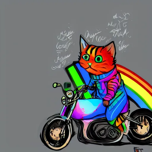 Image similar to wide angle full body, jacket wearing fluffy cute rainbow kitten wearing a black leather motorcycle jacket, riding on a motorcycle, cinematic concept art