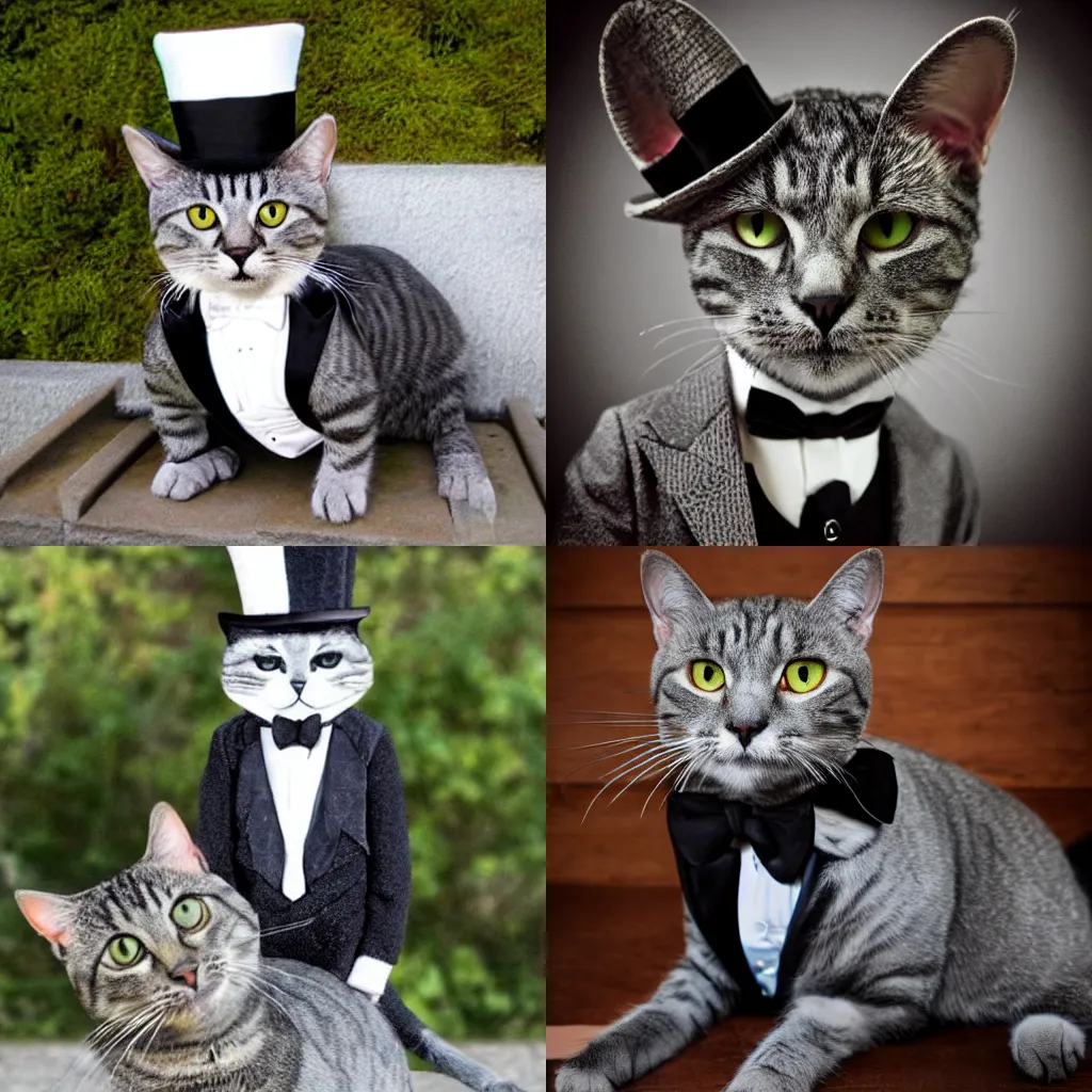 Prompt: grey tabby cat wearing a tuxedo and top hat magical realism