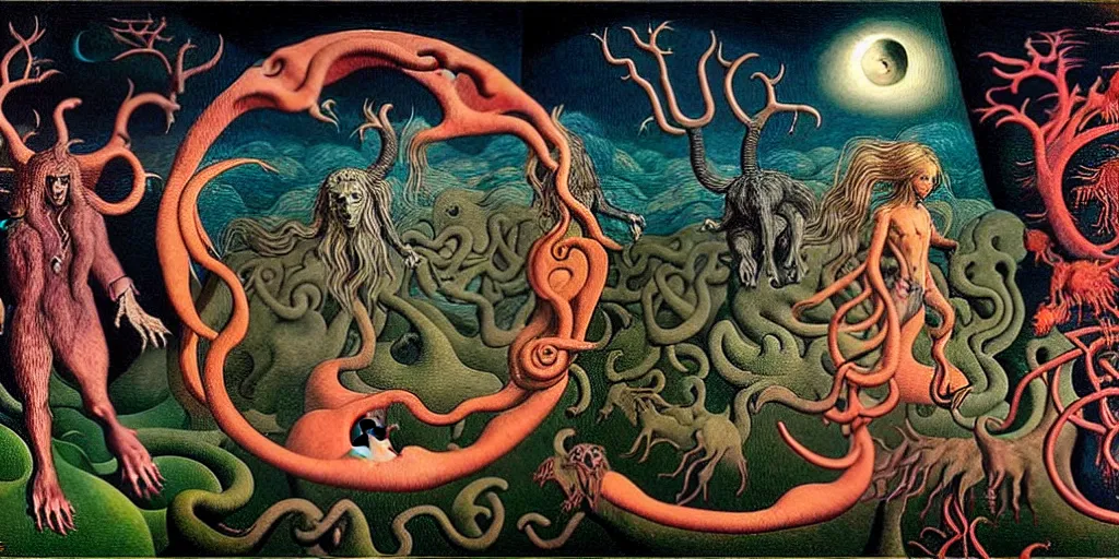 Image similar to mythical creatures and monsters in the visceral heart imaginal realm of the collective unconscious, in a dark surreal painting by johfra, mc escher and ronny khalil