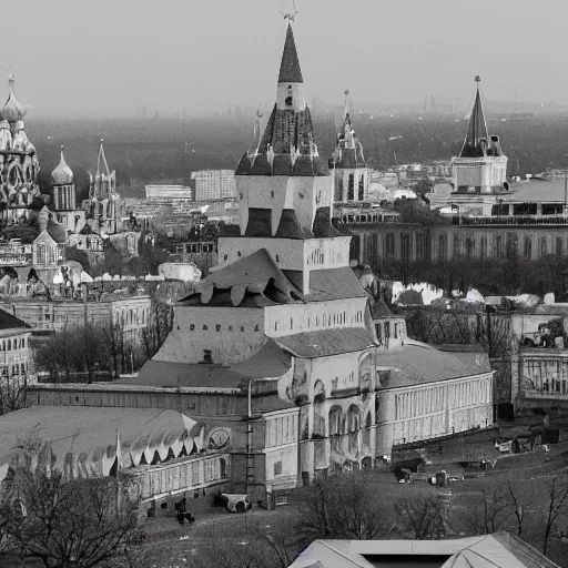 Image similar to A historic photo of Kremlin with Ukrainian flags, 4k, award-winning