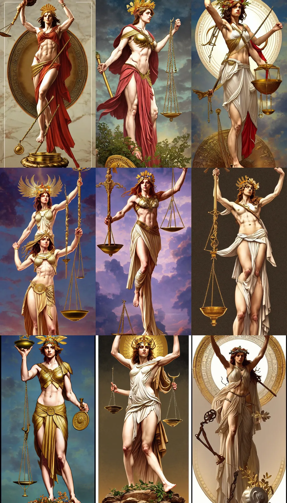 Prompt: a full body portrait of themis the greek goddess, presenting the scale of justice!! wearing a laurel wreath, extremely beautiful, anatomically accurate, by artgerm and by greg rutkowski and by alphonse mucha and by simon bisley, radiant light, detailed and intricate environment,