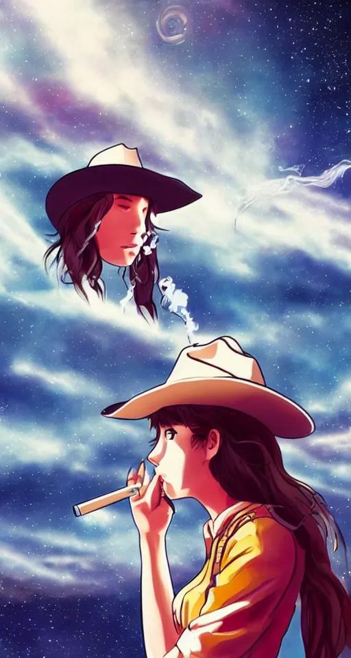 Prompt: a young cowgirl in space smoking a cigarette while looking out the window of her spaceship, sad and introspective, highly detailed, anime style