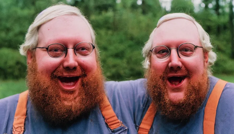 Image similar to far view, extremely fat obese mitch mcconnell with long beard, wearing dirty overalls, dirty greasy face, grin, portrait, close up, kodak gold 2 0 0, 5 0 mm,