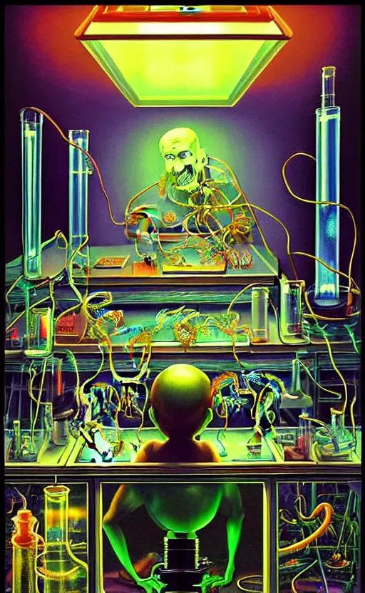 Prompt: a hyperrealistic painting of an ornate isometric supreme dark scientist overlord synthesizing transparent creatures at his laboratory workstation, glowing clear liquid filled glass chambers, cinematic horror by the art of skinner, chris cunningham, lisa frank, richard corben, highly detailed, vivid color,
