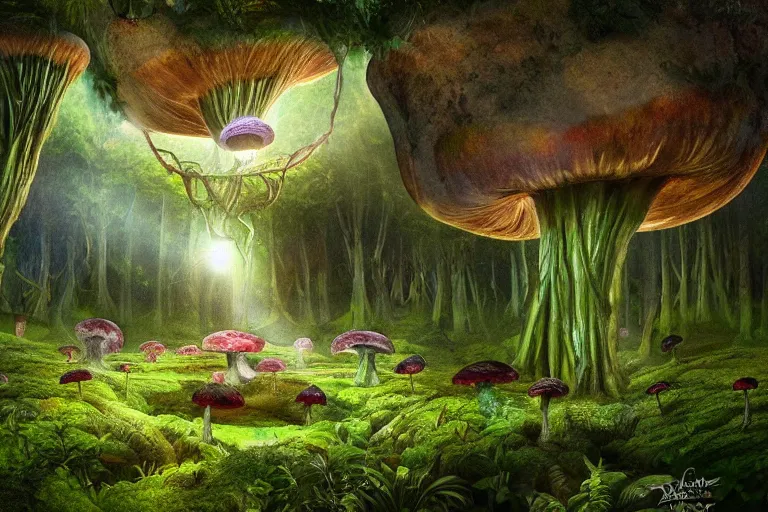 Prompt: a photo of the most beautiful gem in the world hovering in a mystical huge mushroom forest, dreamy