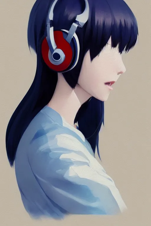 Image similar to a cute young woman listening to music with her eyes closed and wearing headphones in the style of Ilya Kuvshinov and Range Murata, white bob cut hair, blue filter, blue and white, soft lighting, atmospheric, cinematic, moody, oil on canvas by Krenz Cushart, 8k