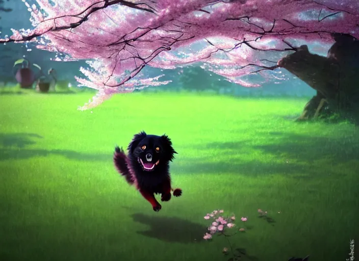 Prompt: animation key shot, black tibetan spaniel, jumping, cherry blossoms in background, studio ghibli, pixar, disney animation, sharp, by greg rutkowski, bloom, dramatic lighting