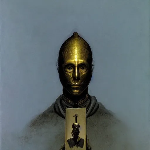 Prompt: Portrait of a priest with a golden mask with the face of Nicolas Cage dark fantasy, intricate, smooth, artstation, painted by Wayne Barlowe, zdislav beksinski