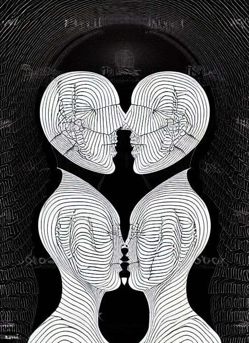 Image similar to vector art by hr giger, perfectly centered symmetrical balanced male and female portrait of man and woman in love sharing one heart. high coherence ; fractal geometrical 8 k ultra hd