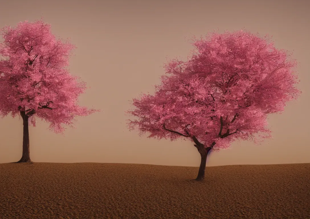 Prompt: a lonely pink tree in a dark desert, sand, gold, bright light, detailed photography, vivid colors, ultra realistic, 8 k, photography