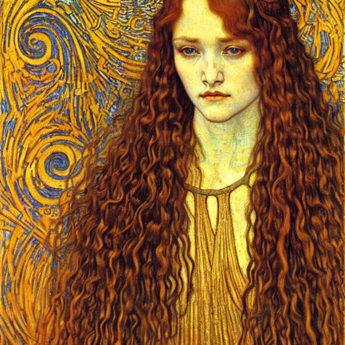 Image similar to detailed realistic beautiful young medieval queen face portrait by jean delville, gustav klimt and vincent van gogh, art nouveau, symbolist, visionary, gothic, pre - raphaelite, muted earthy colors, desaturated