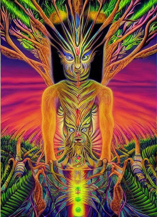 Image similar to a shaman visiting the upper spiritual worlds, surrealist, dmt, dmt, 5 meodmt, blissful landscape, love, high defined jungle, mother ayahuasca, ecstasy, bliss, sanctuary, sacred, vladimir kush art style, alex grey art style.