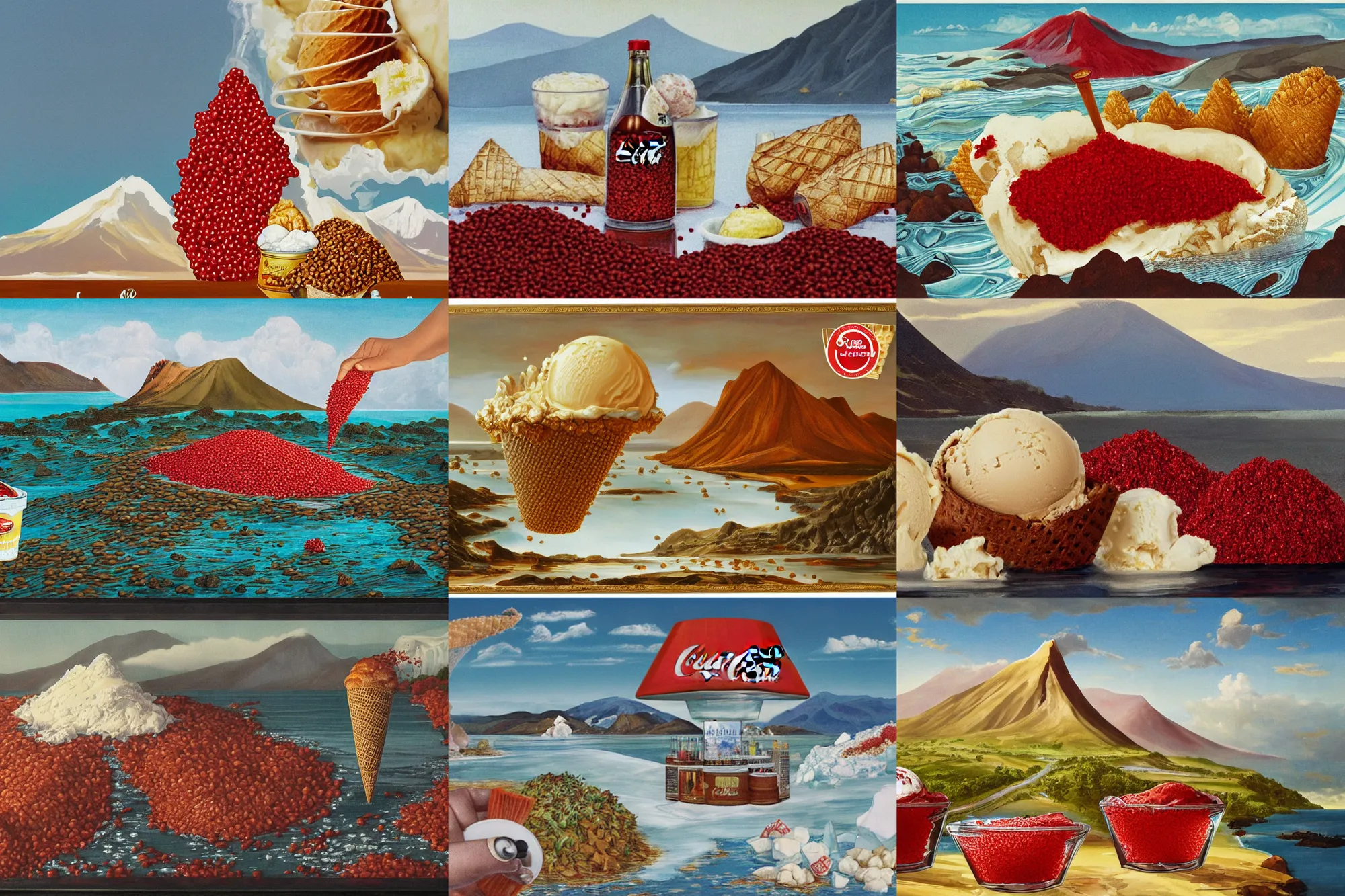 Prompt: a large island of red caviar and ice cream in the center of which there are mountains with ice cream ( five scoops ice cream cone original oil by suekill ), instead water brown coca cola ( cold brew coffee ), big island, by hans thoma