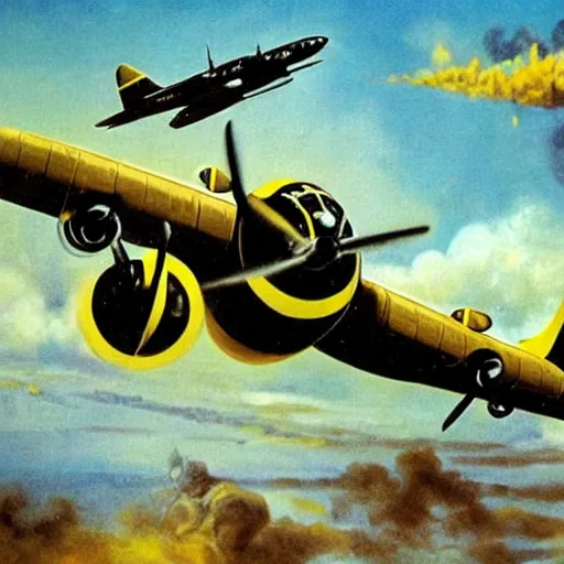 Image similar to a bumblebee painted b 2 9 bomber drops a bomb onto a sleeping soldier, ww 2 propaganda poster, highly detailed, no text