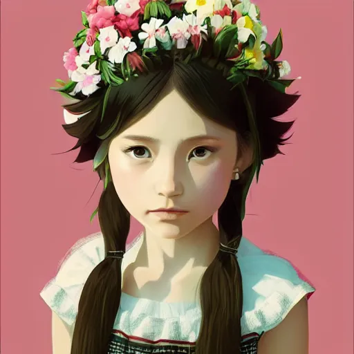 Prompt: little indigenous girl with flowers in hair wearing an white dress. art by ilya kuvshinov, profile picture, inspired in hirohiko araki, realistic, highly detailed, 8 0 s anime art style, vogue cover