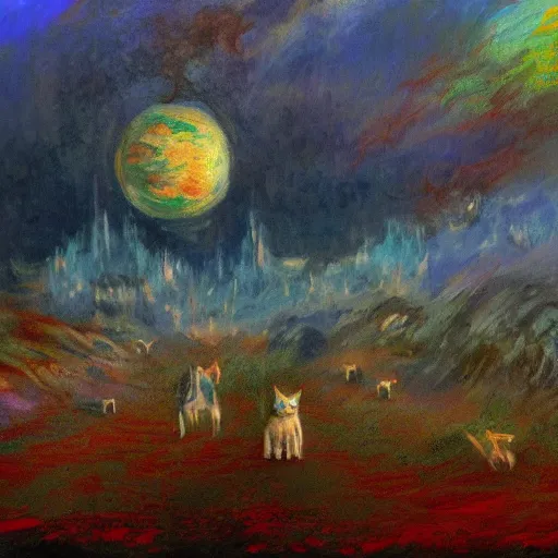 Image similar to end of the world, apocalypse, destruction, cats, concept art by monet