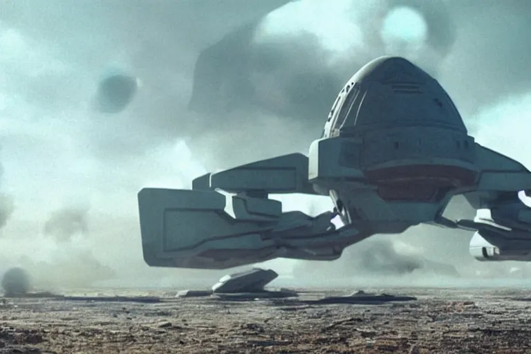 Prompt: VFX movie of a futuristic spaceship taking off in war zone, natural lighting by Emmanuel Lubezki