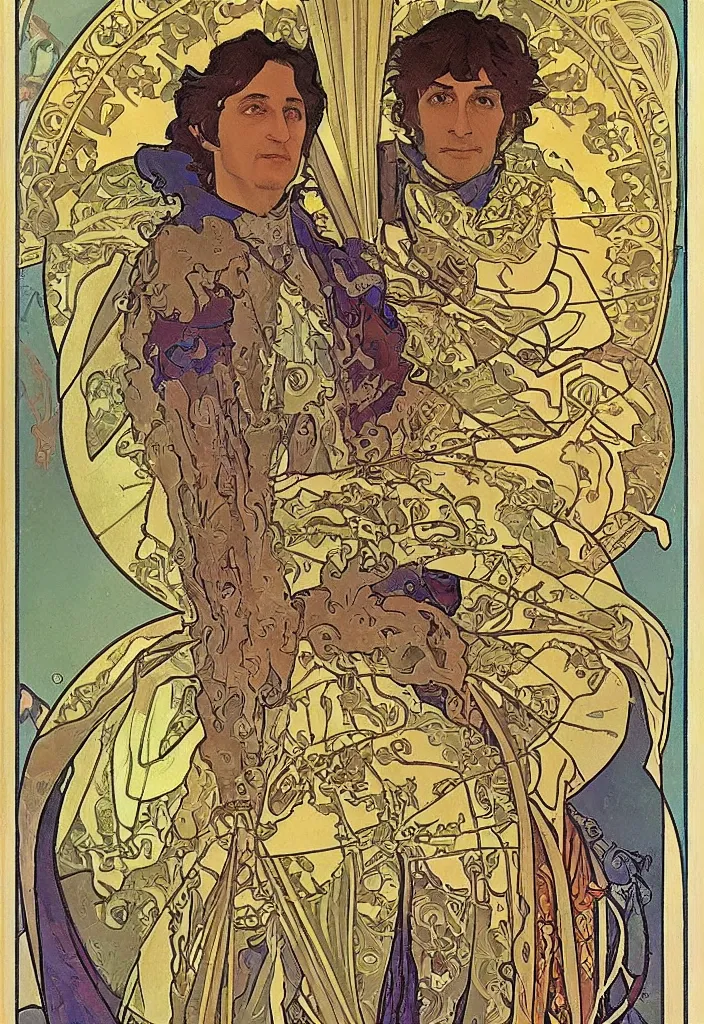 Image similar to geoffrey hinton as the emperor on a tarot card, tarot in art style by alphonse mucha