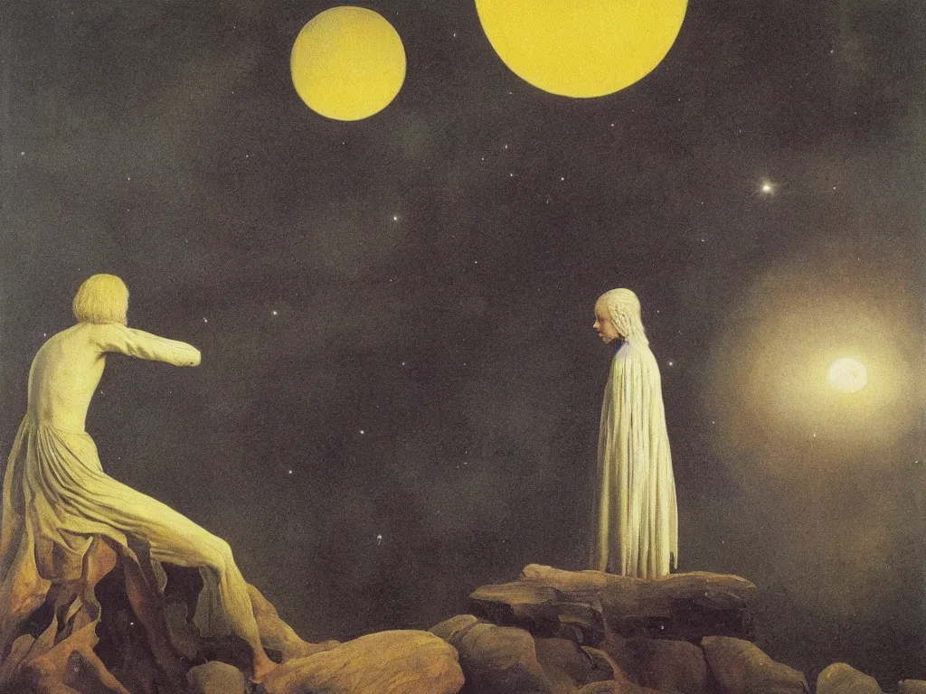 Prompt: albino mystic, with his back turned, looking at a comet over the forest in the distance. Painting by Jan van Eyck, Audubon, Rene Magritte, Agnes Pelton, Max Ernst, Walton Ford