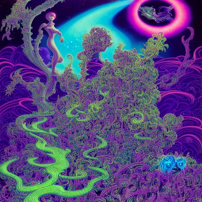 Image similar to mysterious cosmic kitten hovering over haunted mystical temple, infinite hallucinogenic fractal waves, # f 2 2 2 ff # 8 c 1 eff synthwave, bright neon colors, highly detailed, cinematic, eyvind earle, tim white, philippe druillet, roger dean, ernst haeckel, lisa frank, aubrey beardsley, kubrick, louis wain