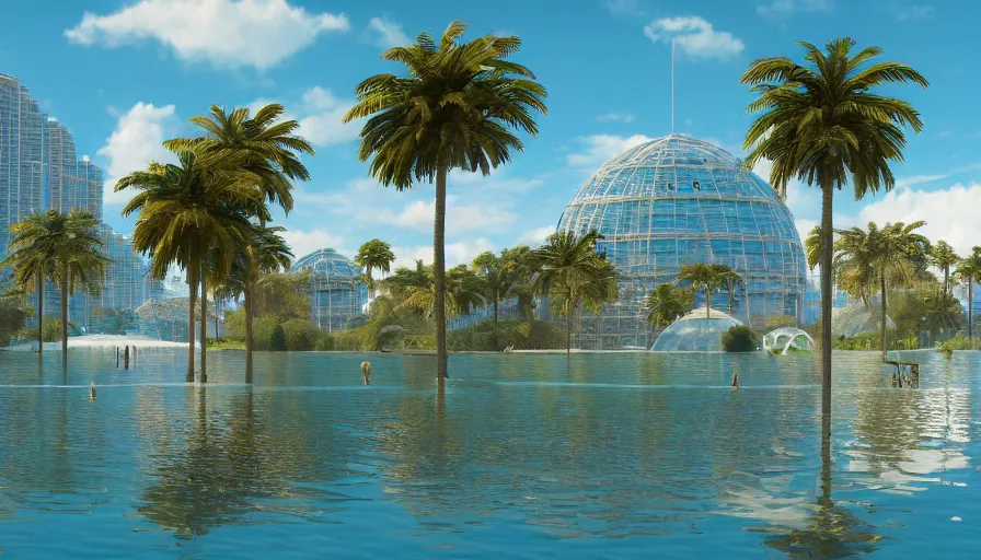 Prompt: concept city art of an artificial lake surrounded by palm trees and small blues domes in miami, sunny day, hyperdetailed, artstation, cgsociety, 8 k