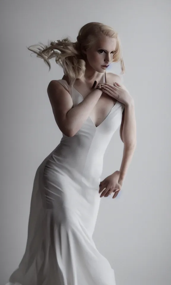 Image similar to photo of gorgeous seductive tall emily skinner cosplaying annie leonhart wearing elegant white dress, wearing open toe heels, in a white room, beautiful face, pale skin, rule of thirds, cinematic lighting, sharp focus, backlit, stunning, smooth, hard focus, full body shot, studio photo, shot on sony a 7 iii